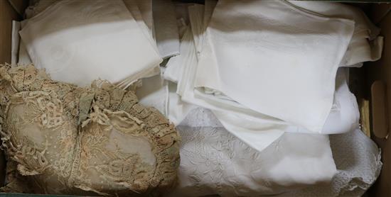 Two boxes of mixed table and bed linens etc.